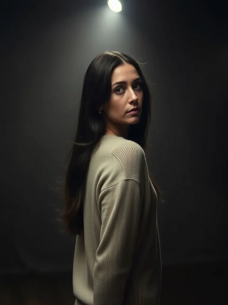Portrait of a person with long hair, three-quarter view