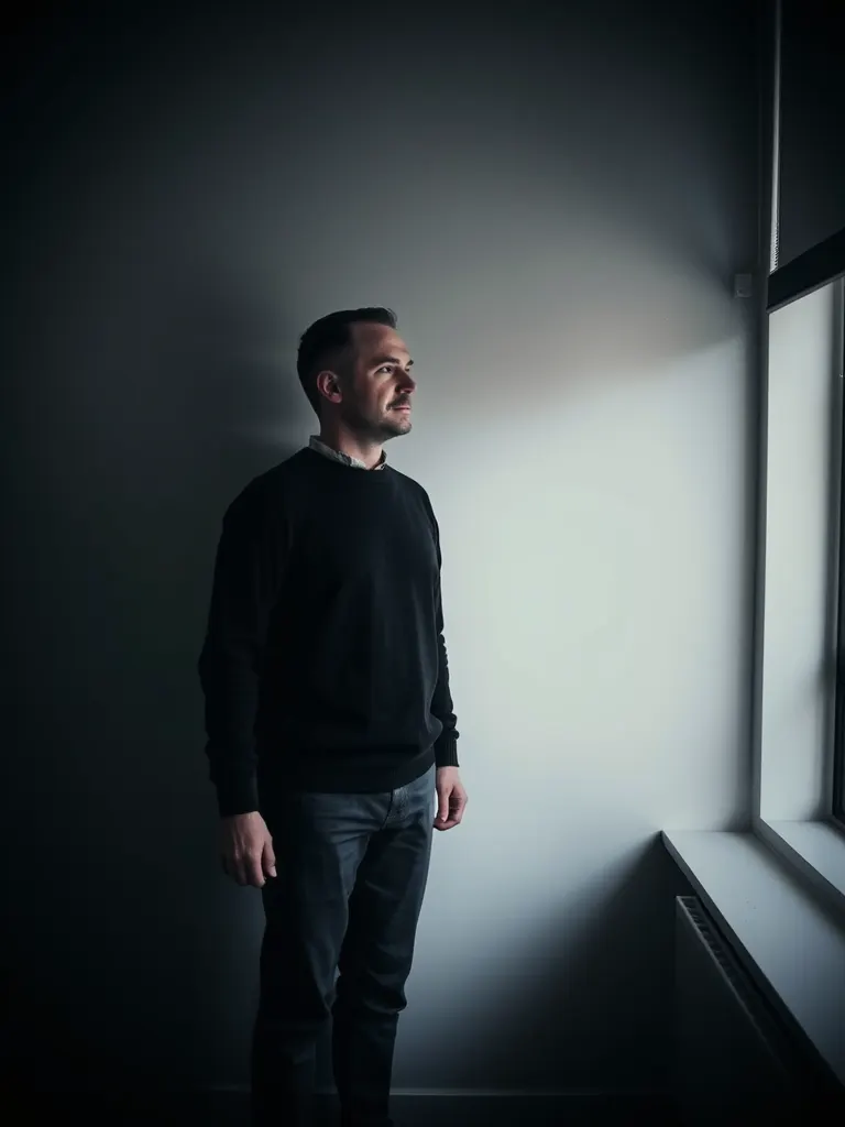 Portrait of a person in a dark jumper against a plain background